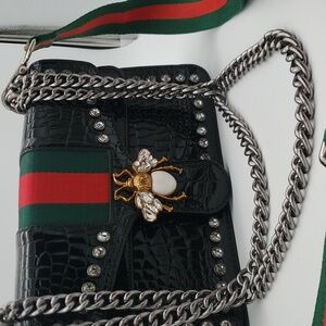 Bee Chain Black Shoulder Black Patent Croc Embossed Bag purse women